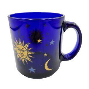 Libby Cobalt Blue Celestial Sun Mug Vintage Moon Stars Glass Coffee Tea USA Read